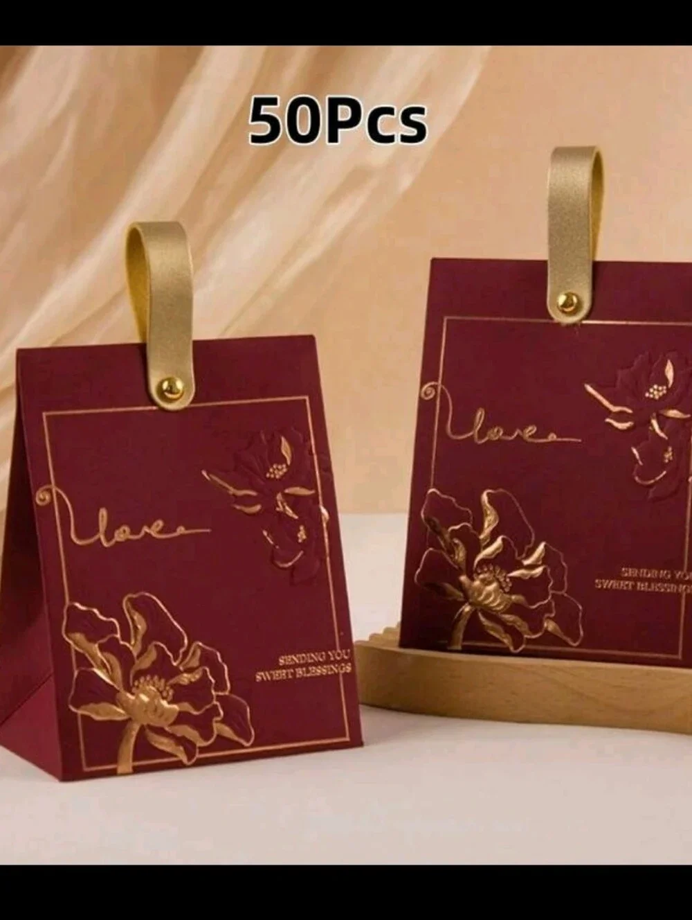 Elegant Burgundy & Gold Floral Gift Bags (50pcs)